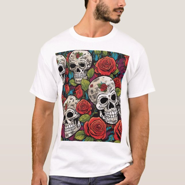 Camiseta Patrón de arte de cráneos y Rosas intrincados (Anverso)