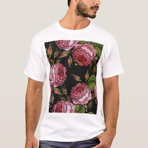 Camiseta Patrón de bordado rosa rojo vintage