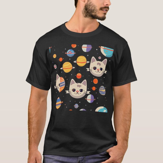 Camiseta Patrón De Caras De Gatos En Espacio (Anverso)