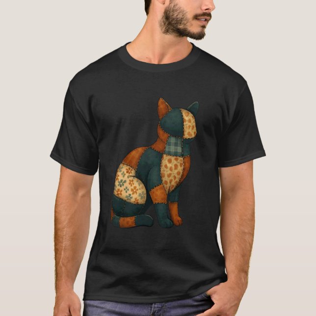 Camiseta Patrón de colcha de Halloween de gato negro patchw (Anverso)