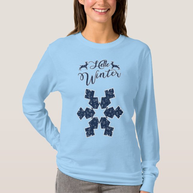 Camiseta Patrón de copo de nieve azul de vacaciones de invi (Anverso)