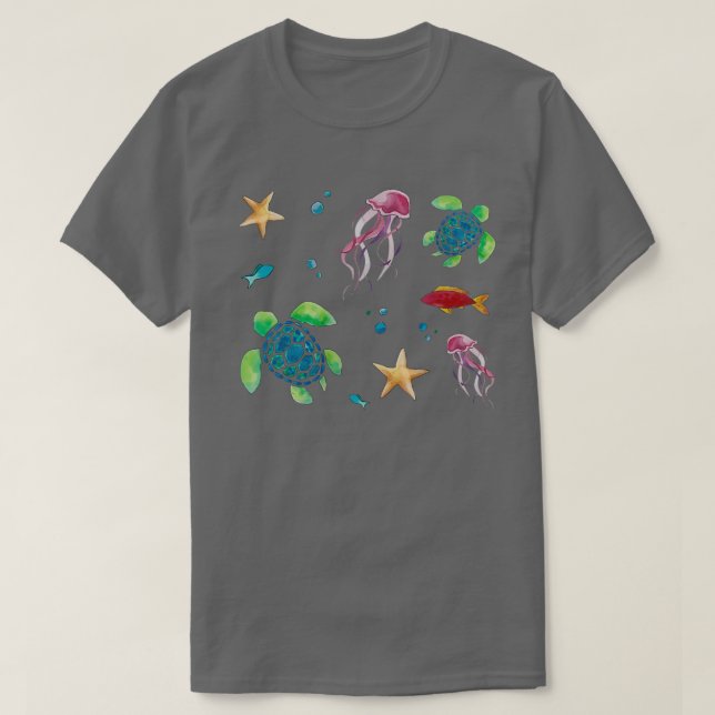 Camiseta Patrón de criaturas del mar de acuarela (Diseño del anverso)