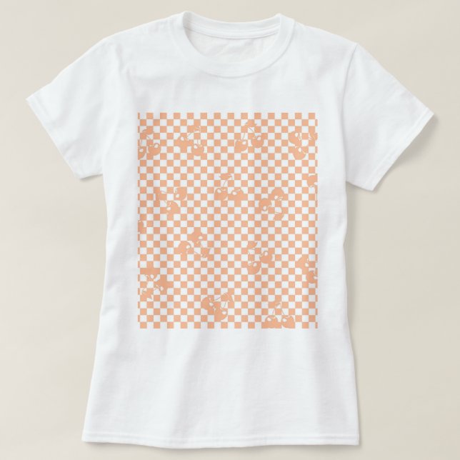 Camiseta Patrón de cuadros de cereza fuzz melocotón (Diseño del anverso)