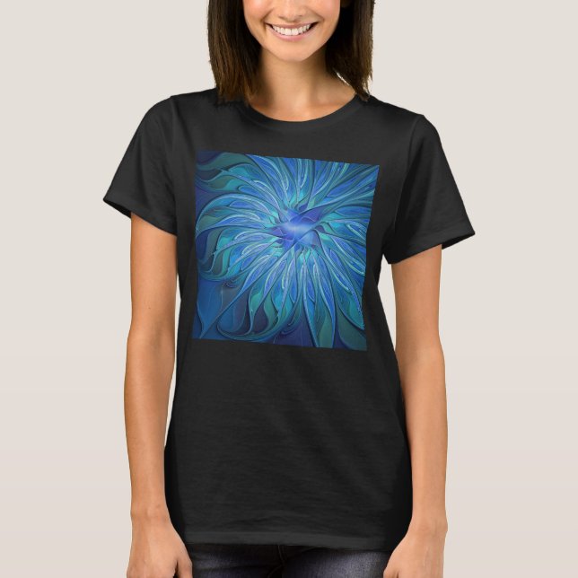 Camiseta Patrón de fantasía de flor azul, arte fractal abst (Anverso)