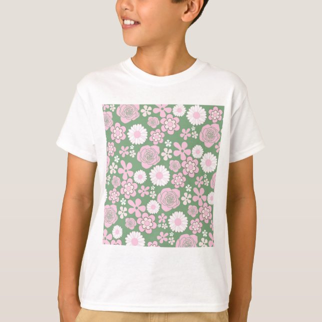 Camiseta Patrón de flor del Y2K 70s del Retro Blanco Rosa V (Anverso)