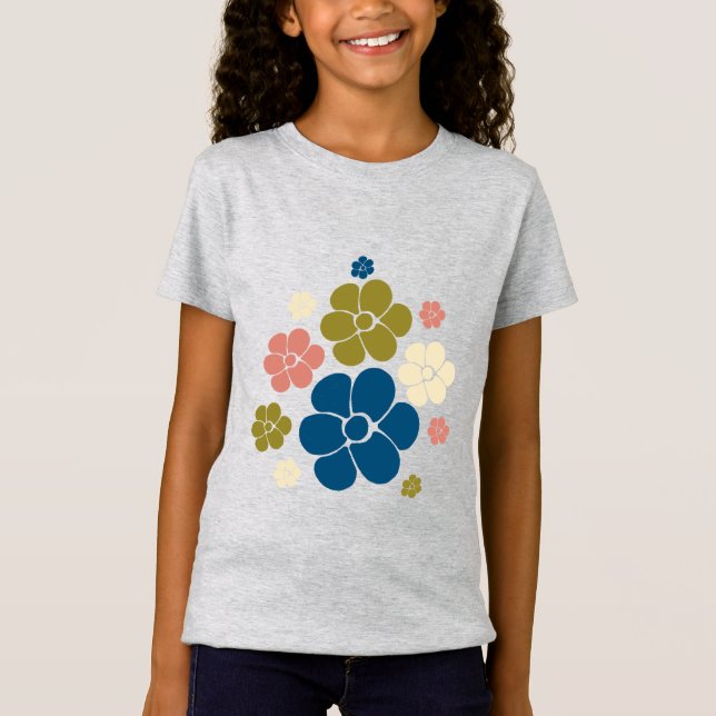 Camiseta Patrón de flores: azul, verde oliva, rosa y crema (Anverso)