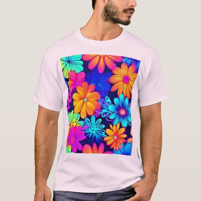 Camiseta Patrón de flores de neón retro (Anverso)