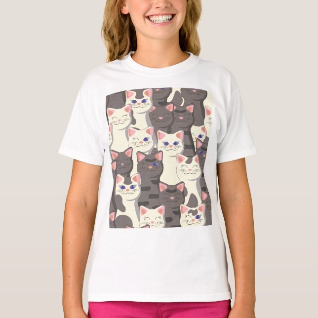 Camiseta Patrón de gatos blancos y grises (Anverso)