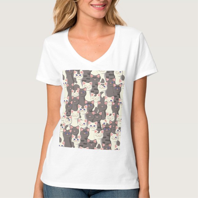 Camiseta Patrón de gatos blancos y grises (Anverso)