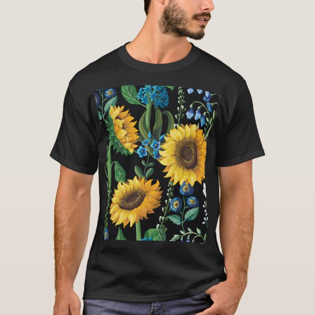 Camiseta Patrón de girasol de fondo negro (Anverso)