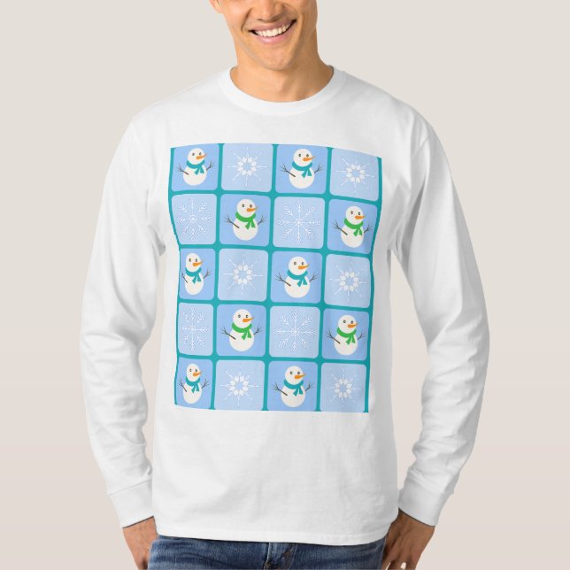 Camiseta Patrón de invierno de snowman y copos de nieve (Anverso)
