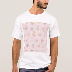 Camiseta Patrón de magdalenas lindas de gingham rosa pastel