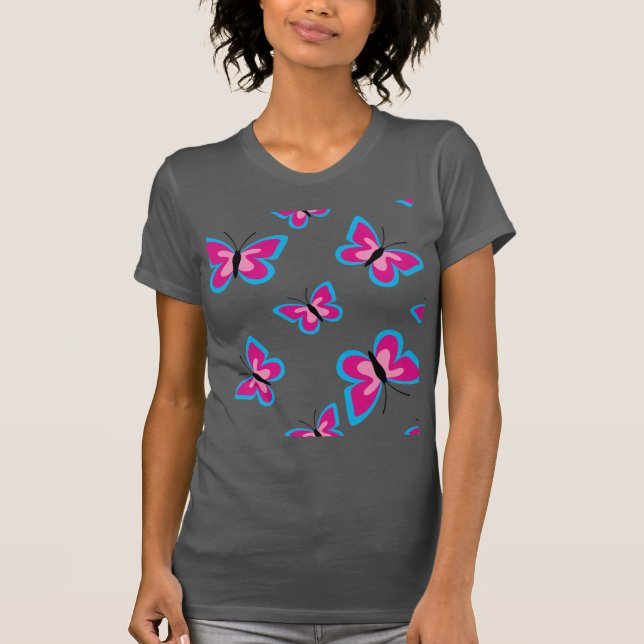Camiseta Patrón de mariposa rosa del borde azul (Anverso)