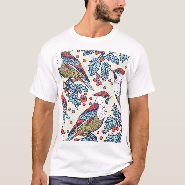 Camiseta Patrón de Navidades de Waxwings Holly (Anverso)