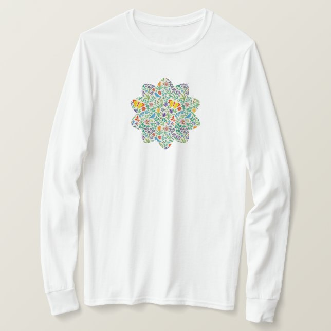 Camiseta Patrón de pájaros, mariposas y flores silvestres (Anverso del diseño)