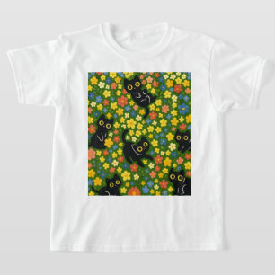 Camiseta Patrón de prado floral con gatos negros lindos