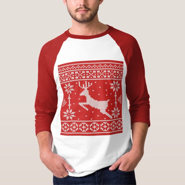 Camiseta Patrón De Punto De Rano De Navidad Feo En Rojo (Anverso)