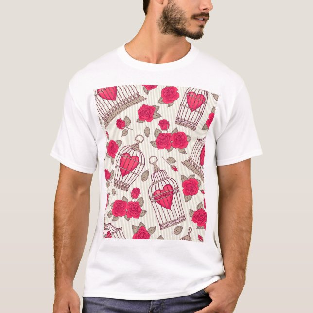 Camiseta Patrón de Rosas de jaulas de aves florales (Anverso)