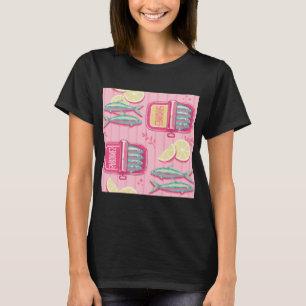 Camiseta Patrón de sardinas lindas con limones. S rosa sin