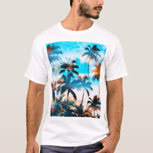 Camiseta Patrón de verano, árboles tropicales, cielo.