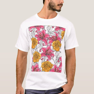 Camiseta Patrón dibujado a mano por los rosas Lilies