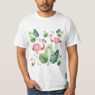 Camiseta Patrón elegante de hojas tropicales Flamingo rosa