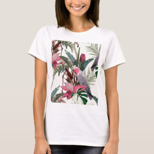 Camiseta Patrón exótico tropical con loro, flamingo