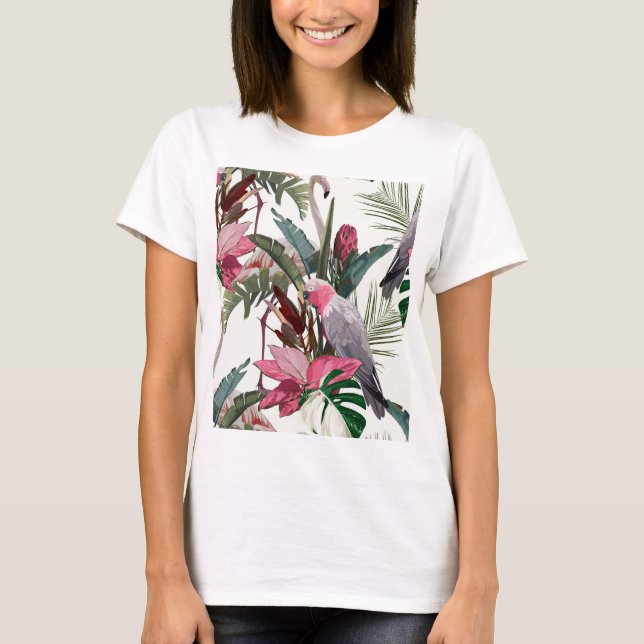 Camiseta Patrón exótico tropical con loro, flamingo (Anverso)