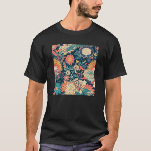 Camiseta Patrón Floral Abstracto de Flor Japonesa Retro en 