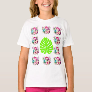 Camiseta Patrón floral boho con hoja verde