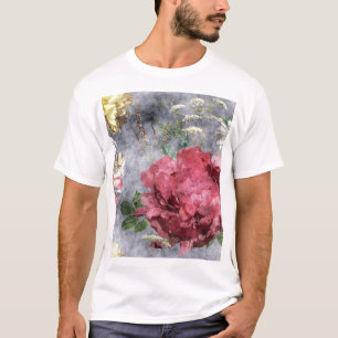 Camiseta Patrón floral de color acuático de peonía roja
