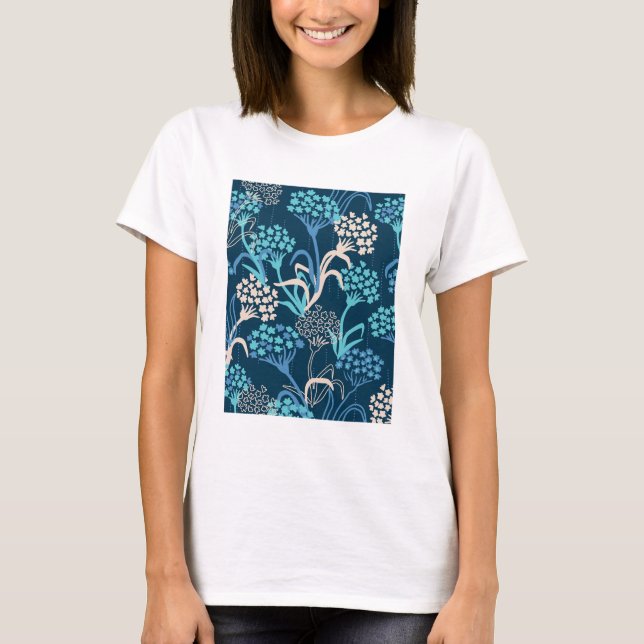 Camiseta Patrón floral de hidrangea estilizada - Azul elega (Anverso)
