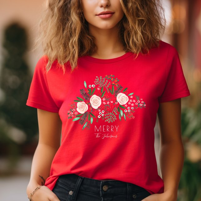 Camiseta Patrón floral elegante de Navidad  (Elegant Floral Pattern Christmas Holiday T-Shirt)