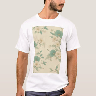 Camiseta Patrón floral suave Verde azulado y crema