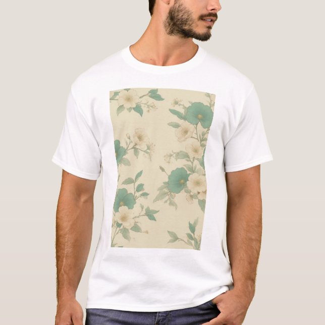 Camiseta Patrón floral suave Verde azulado y crema (Anverso)