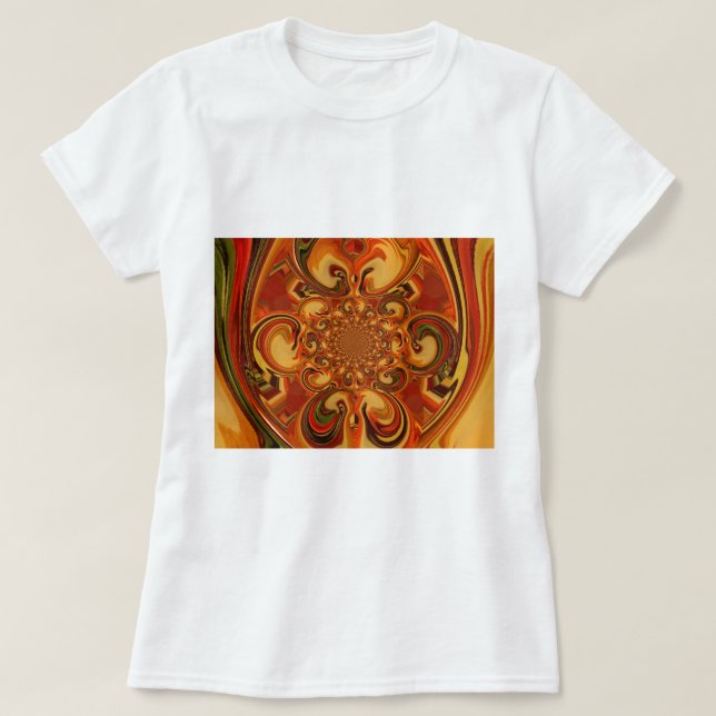 Camiseta Patrón giratorio: tonos Naranja, marrón y verde (Diseño del anverso)