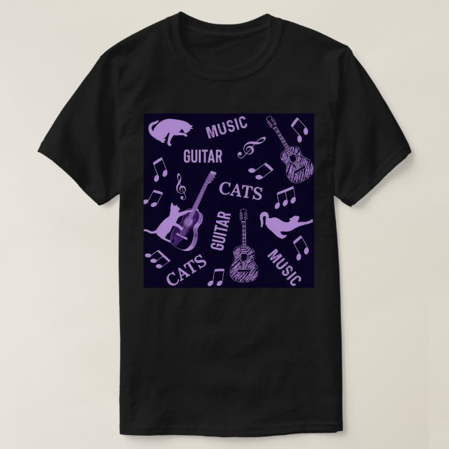 Camiseta Patrón púrpura de gatos y guitarras (Diseño del anverso)