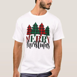 Camiseta Patrón rojo y verde de búfalo tocado Feliz Navidad