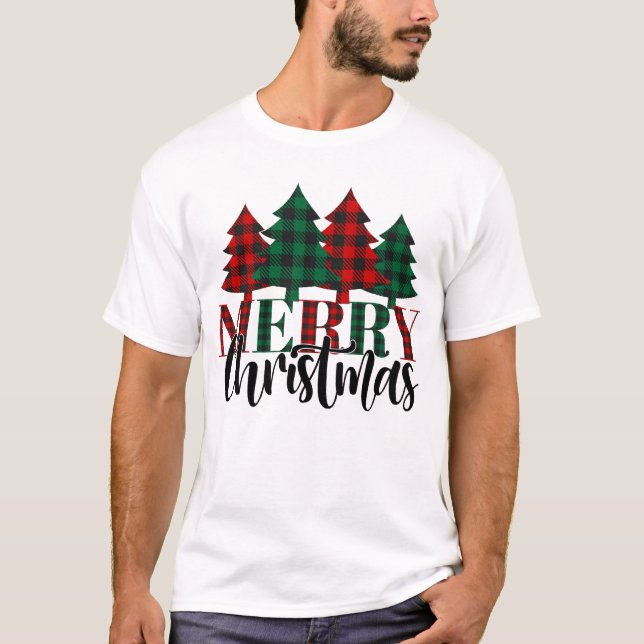 Camiseta Patrón rojo y verde de búfalo tocado Feliz Navidad (Anverso)