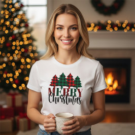 Camiseta Patrón rojo y verde de búfalo tocado Feliz Navidad