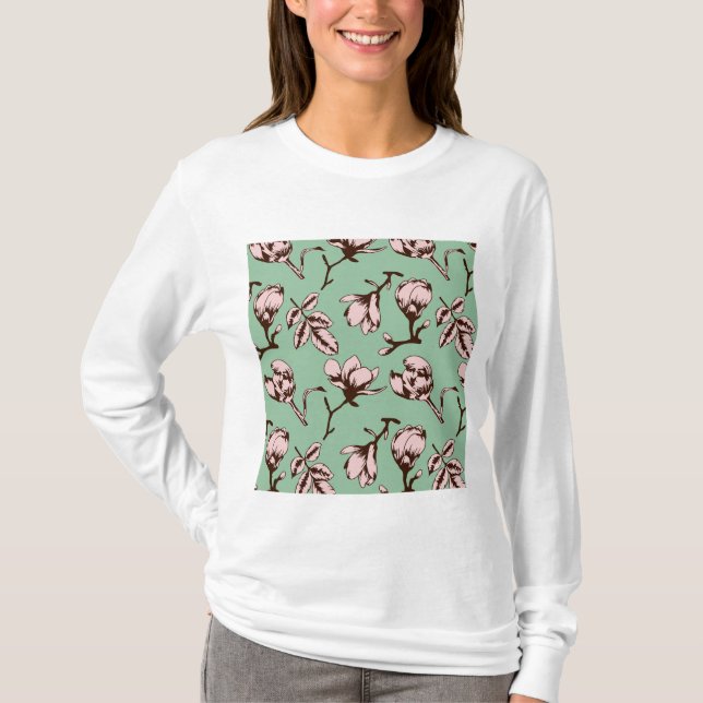 Camiseta Patrón sin foco con brotes de flores de los árbole (Anverso)