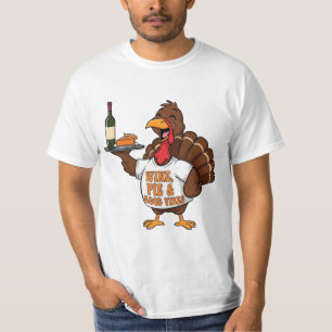 Camiseta Pavo de Acción de Gracias Divertido Vino Tarta Bue
