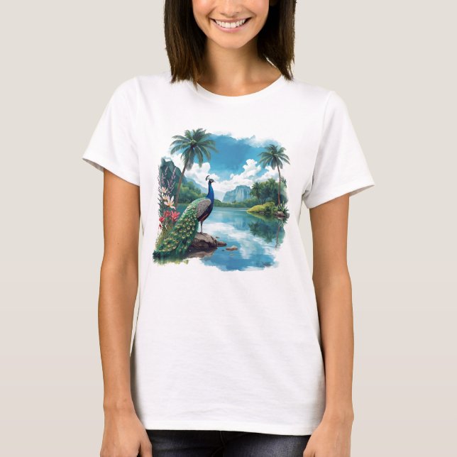 Camiseta Pavo real de bonito en un paraíso tropical (Anverso)