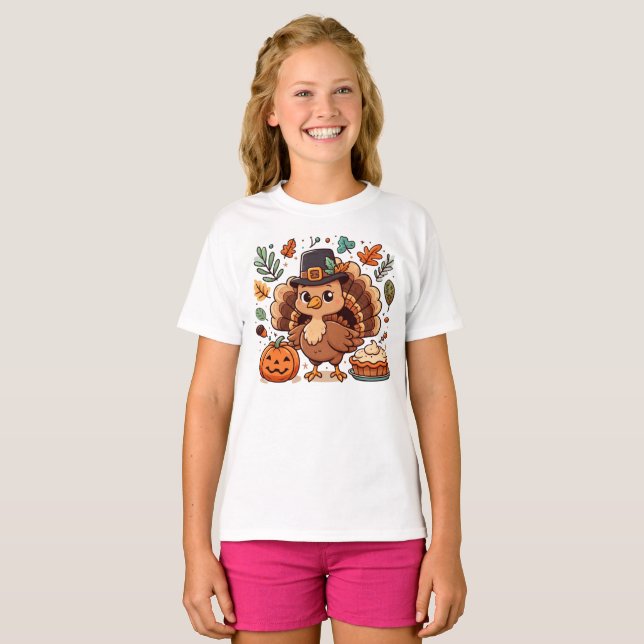 Camiseta Pavo y calabaza Personalizado lindo Día de Acción  (Anverso completo)