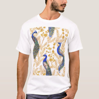 Camiseta pavos reales chinos, sakura dorada, acuarela.