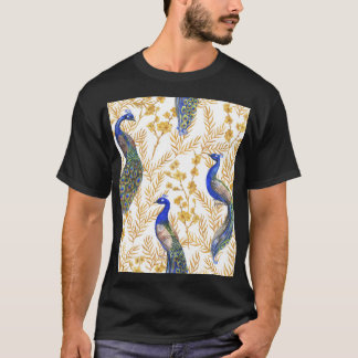 Camiseta pavos reales chinos, sakura dorada, acuarela.