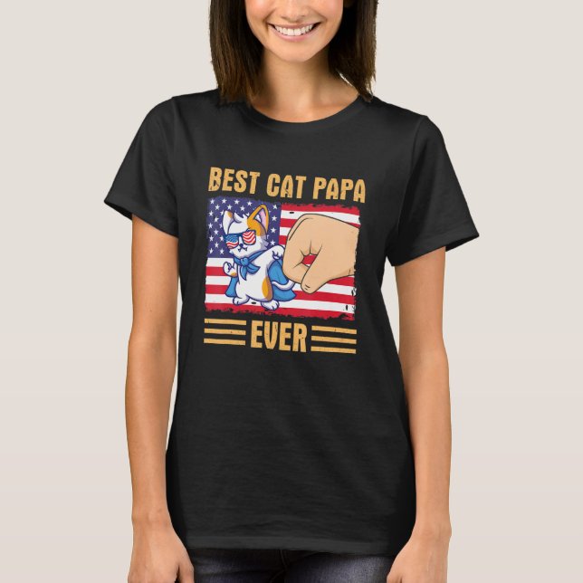 Camiseta Paw Touching Hand US Flag America Best Cat Papa Ev (Anverso)