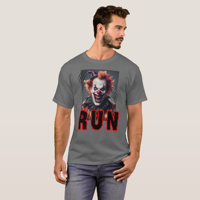 Camiseta payaso gracioso y temible, gritando "corre" (Anverso completo)