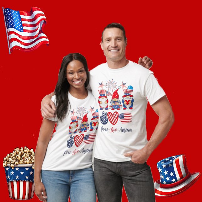 Camiseta Paz Amar a Estados Unidos Independencia Regímenes  (Peace Love America Independence Patriotic Gnomes T-Shirt)