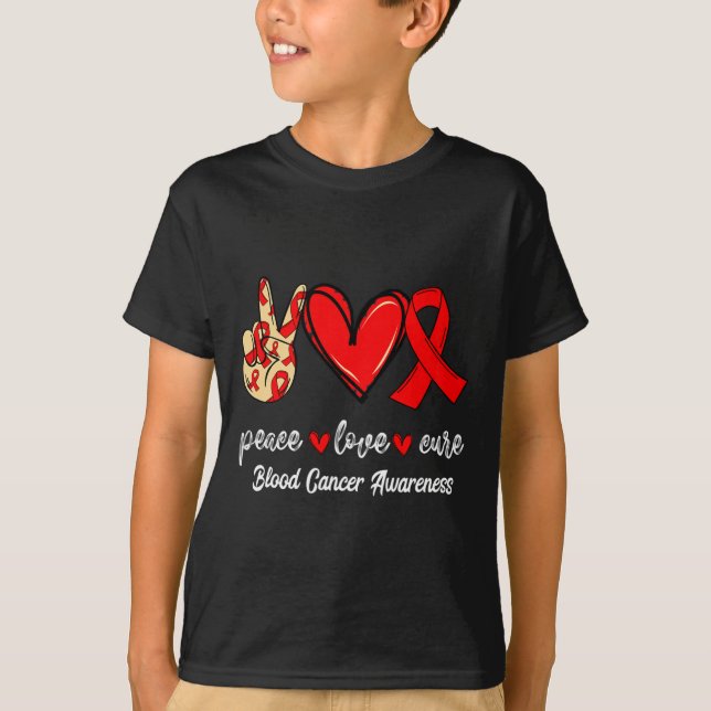 Camiseta Paz Amor Cura Cáncer de Sangre Cinta Roja Concienc (Anverso)